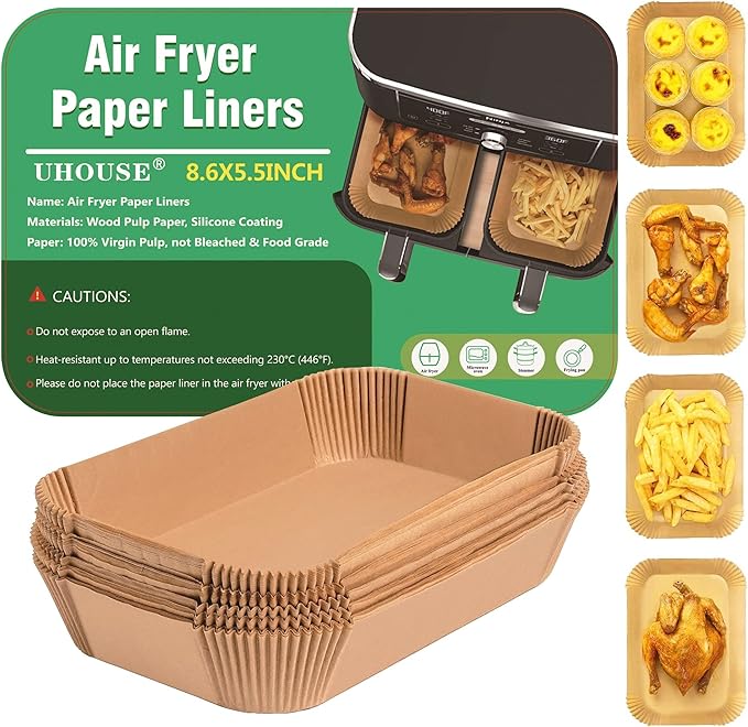 Air Fryer Liners Disposable 100 Pack for Ninja DZ201 DZ401, 8.6x5.5 Inch Non-Stick Parchment Paper Basket Sheets, for Easy Cleanup, Healthy Oil Free Cooking