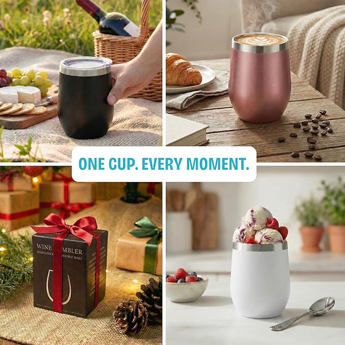 CHILLOUT LIFE 12 oz Stainless Steel Wine Tumbler with Lid - Double Wall Vacuum Insulated Wine Cup Glass Keeping Cold & Hot for Coffee, Champagne, Cocktails, Ice Cream - Powder Coated Pink/Teal