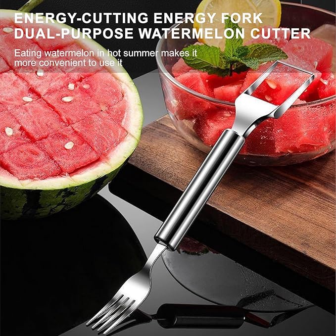 2-in-1 Watermelon Slicer & Fork, Watermelon Fork Slicer Cutter, Stainless Steel Fruit Cutter Tool for Watermelon, Mango, Pitaya,Portable for Camping, Picnics, Home, Parties (Sliver)