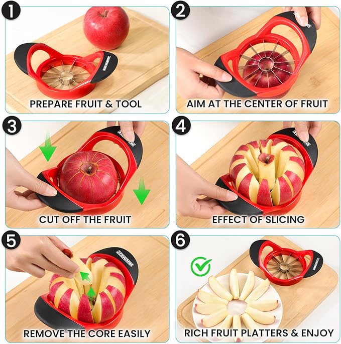 SCHVUBENR 3.5 Inch Apple Slicer with 12 Sharp Blades - Professional Apple Cutter - Stainless Steel Apple Corer - Super Sharp Apple Slicer and Corer - Slice Apple with Ease(Red)