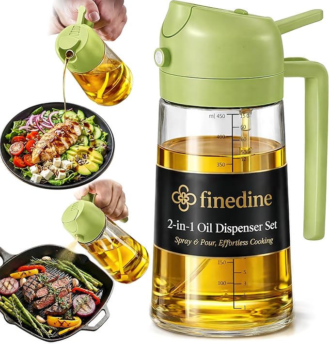FineDine 16oz Olive Oil Sprayer for Cooking, 2 in 1 Olive Oil Dispenser Bottle for Kitchen, Air Fryer, Salad, BBQ & Baking – Dual Spray Mist & Stream, with Measurement Marks, Green
