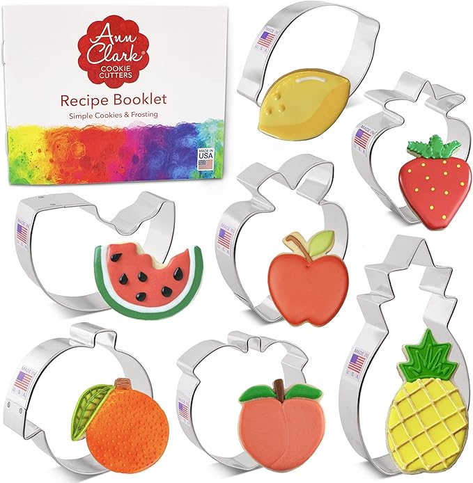 Ann Clark Summer Fruit Cookie Cutters 7-Pc. Set (Lemon, Peach, Pineapple, Watermelon, Orange, Strawberry, Apple) Made in USA