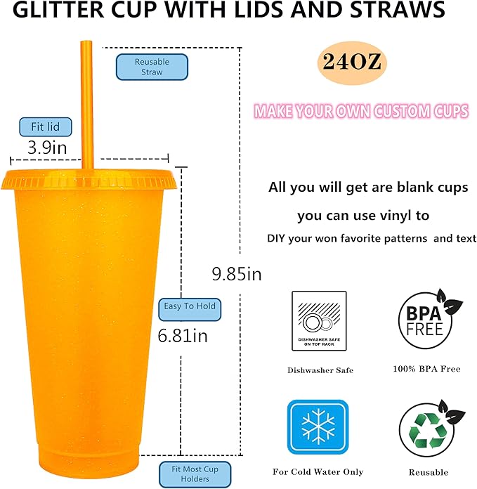 Suertestarry Tumbler with Straw and Lid,Water Bottle Iced Coffee Travel Mug Cup,Reusable Plastic Cups,Perfect for Parties,Birthdays… (Orange, 36 pack)