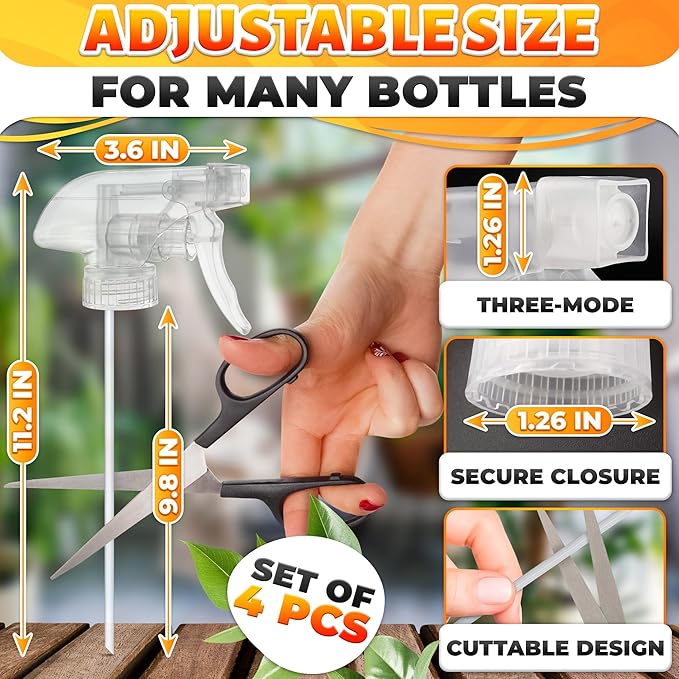 4 Pack Spray Bottle Nozzle Replacement – Adjustable Length Mist & Stream Spray Tops for Bottles 8 Oz & 16 Oz Bottle, Durable Trigger Sprayer Nozzles for Cleaning, Gardening, Salon and Home Use