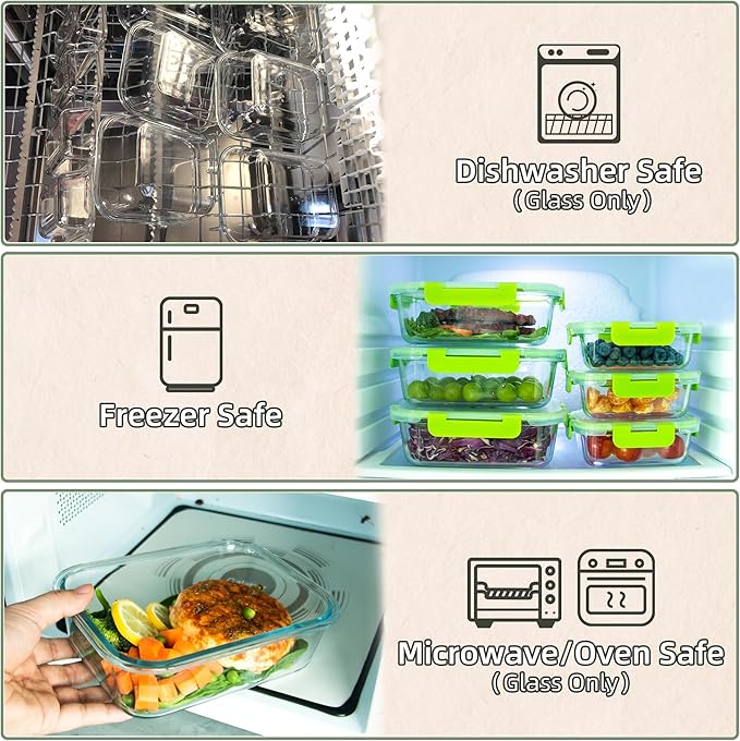 UMEIED 10 PACK Glass Food Storage Containers with Leak Proof Lids, Glass Airtight Meal Prep Containers Set for Lunch, On the Go, Leftover, Kitchen Pantry Organizers and Storage (Green)