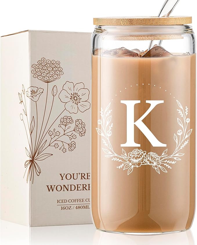 Personalized Gifts for Women, Monogrammed 16oz Glass Cups with Bamboo Lids and Straws, Customized Glass Tumbler, Cute Custom Mug, Customizable Initial Iced Coffee Glasses, Birthday Bridesmaid Mom, K