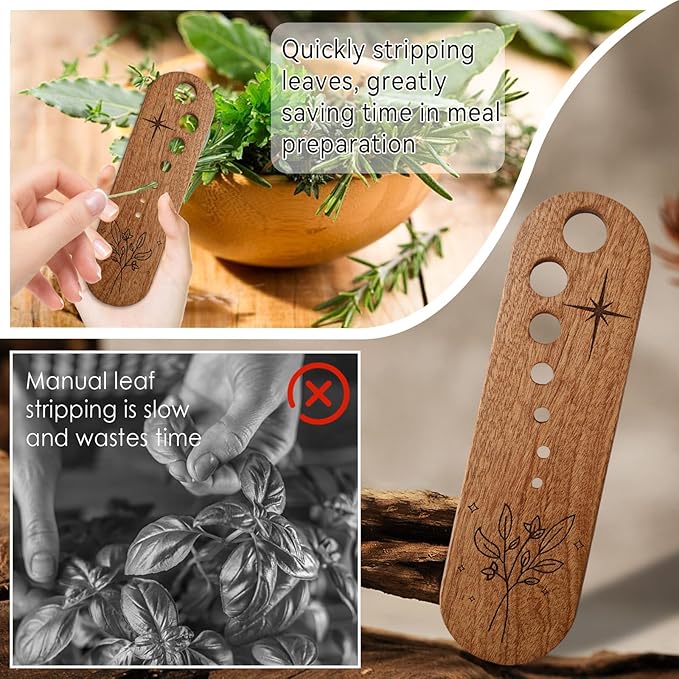 Premium Herb Stripper Tool, Herb Stripper Wooden with Cleaning Brush Set, Kitchen Herbs Leaf Stripping Tool, Herb Leaf Peeler for Collard Green Thyme Basil Rosemary Stripper, Practical Kitchen Gadgets