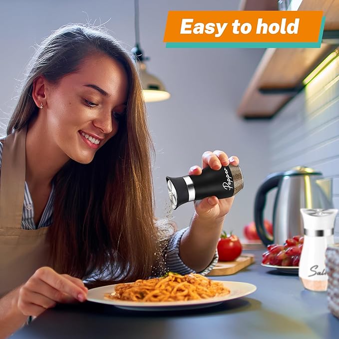Salt and Pepper Shakers Set with Holder,4 oz Bottom Salt Shaker with Stainless Steel Lid for Kitchen Gadgets Cooking Table Housewarming Gift Christmas Decor Refillable Design (Black + White)