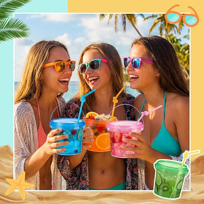 Funnymoom 24 Pack 34oz / 25oz Plastic Rum Buckets Bulks for Drinks with Straws Reusable Ice Cream Cocktail Cups Neon Party Bucket with Lids Handles Food Containers Cup for Summer Beach Bar Beer