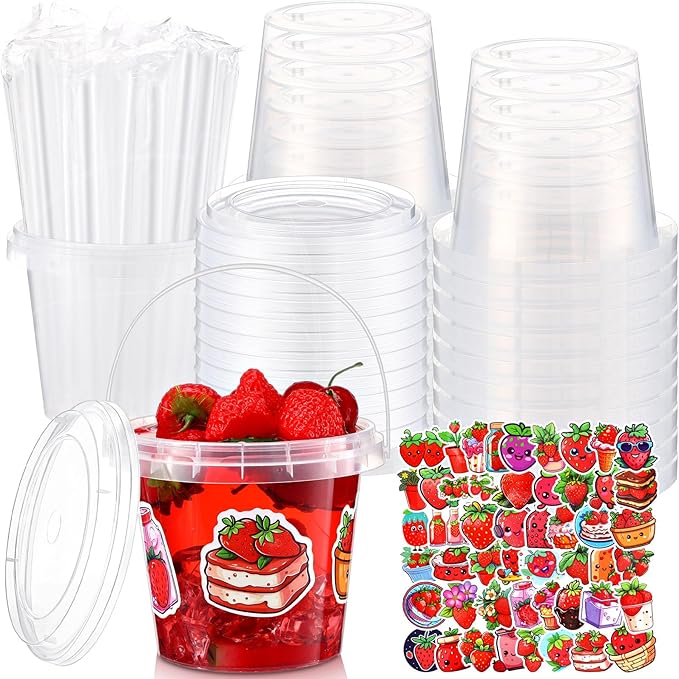 Funnymoom 30 Set Strawberry Clear Plastic Cups with Lids & Straws 24oz Disposable Rum Drink Buckets Bulk for Cocktail Parties with Handles & Stickers for Holiday Birthday Beach Pool Party Supplies