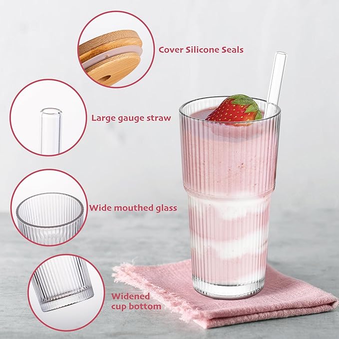 Dingerjar 20 oz Ribbed Glass Tumblers with Bamboo Lids and Straws, 2 Pcs Wide Mouth Thickened Vintage Glass Cup for Boba, Iced Coffee, Juice