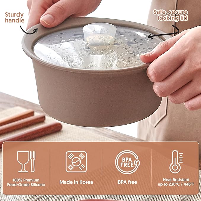 20oz Platinum Silicone Microwave Steamer Pot with Handle & Lid - Korean 100% Food-Grade Steamer Bowl, Heat-Resistant Cooker with Steam Holes, Easy Clean, Dishwasher Safe, Dry Rose