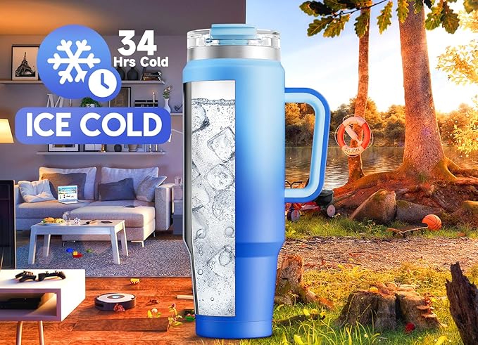 Meoky 40 oz Tumbler with Handle and Straw, Insulated Tumbler with Lid and Straw, Stainless Steel Travel Mug, Keeps Cold for 34 Hours, 100% Leak Proof, Fits in Car Cup Holder (Sky)