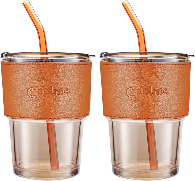 2 PCS Iced Coffee Cups with Lids, 15Oz/450ml Glass Cups With Lids and Straws, Iced Coffee Glasses Tumbler, Thick Wall Glass Mug For Tea Water With 2 Straw And Leather Sleeve, Xmas Gifts (Amber)