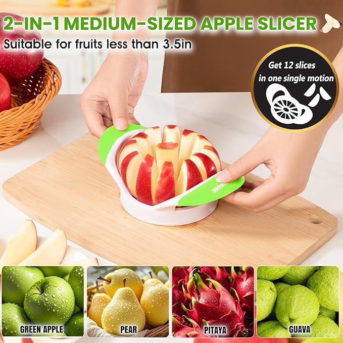 SCHVUBENR 3.5 Inch Apple Slicer with 12 Sharp Blades - Professional Apple Cutter - Stainless Steel Apple Corer - Super Sharp Apple Slicer and Corer - Slice Apple with Ease(Green)