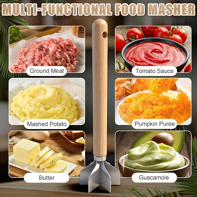 304 Stainless Steel Meat Chopper,Food Grade 6-Blade Ground Beef Chopper Potato Masher Hamburger Smasher Tool for Kitchen Cooking Vegetable Puree 11''