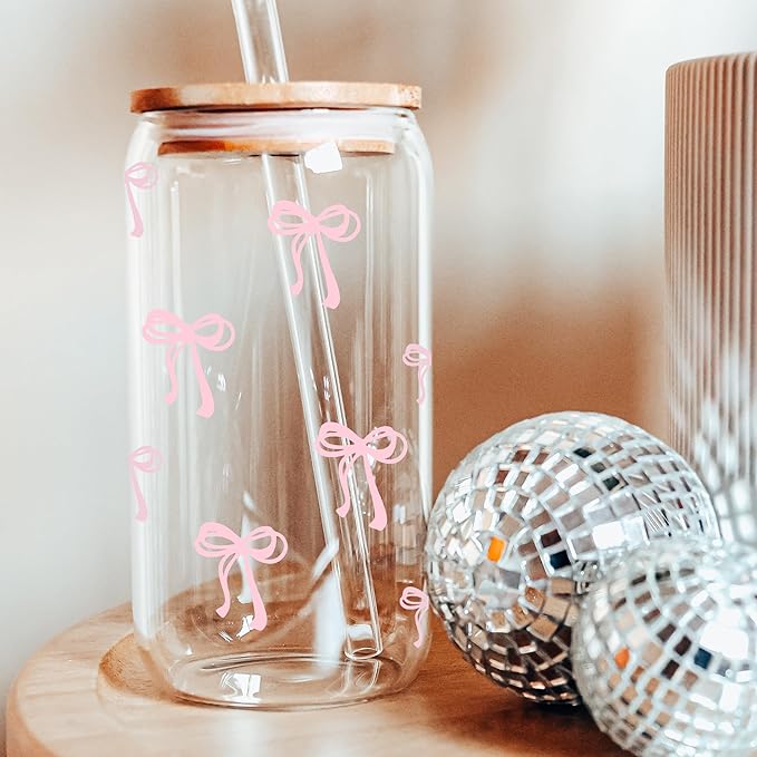 BIPEDS Coquette Cute Pink Bow Glass Cups with Lids and Straws, Aesthetic Iced Coffee Cup, Girly Preppy Design Tumbler Mug, Valentines Christmas Birthday Gifts for Women, Teen Girl Gifts Trendy Stuff