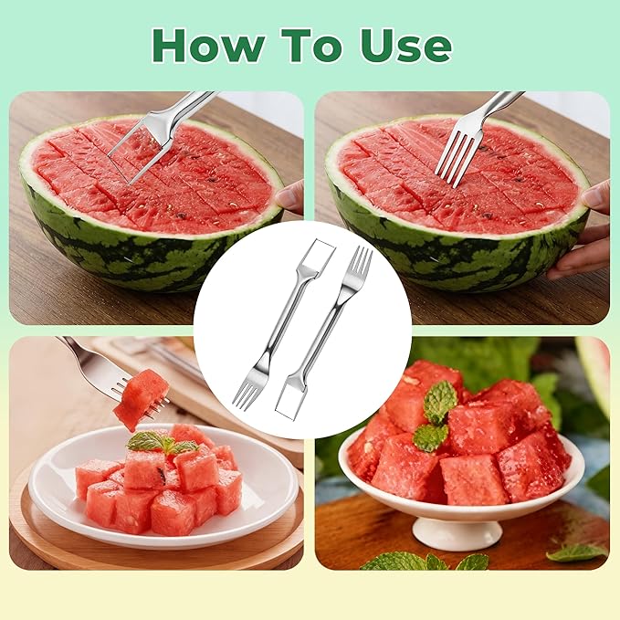 Watermelon Cutter, 2-in-1 Stainless Steel Watermelon Fork Slicer Cutter, Ergonomic Handle, Home Kitchen Gadgets for Watermelon, Cantaloupe, Honeydew & Other Summer Fruit(2PCS)