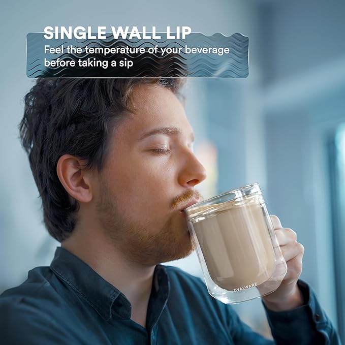 ovalware 500ml Double Wall Glass Coffee Mugs, Single Lip Mugs Made of Durable Borosilicate Glass, Insulated Coffee Mug with Handle for Hot and Cold Drinks - Frost White