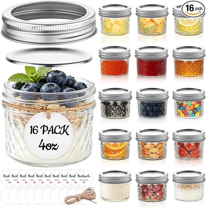 Tecohouse 16 Pack, 4 oz Small Mason Jars with Leakproof Lids, Regular Mouth Mason Jars | 4 oz Glass Jars with Lids for Honey, Jam, Snacks, Spices, DIY Candles & Crafts