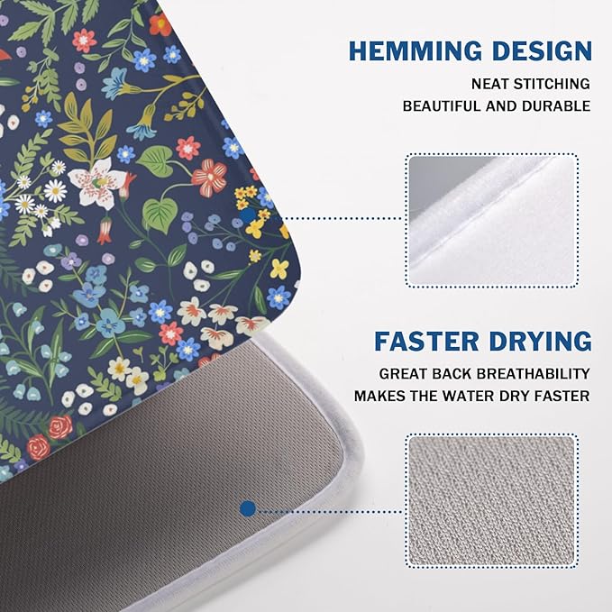 Flower Floral Dish Drying Mat 18x24 inch Microfiber Navy Blue Drying Mats with Hanging Loop Absorbent Green Leaves Dish Drainer Mat Reversible Flowers Drying Pad for Kitchen Counter Sink