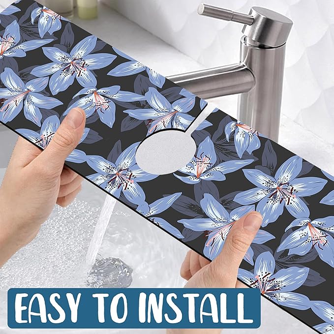 Blooming Lily Sink Splash Guard Faucet Mat Blue Lily Flowers Super Absorbent Fast Drying Mat Sink Gadgets-Splash Guard Behind Faucet Drip Catcher for Kitchen Bathroom, 23.5"x5.5"