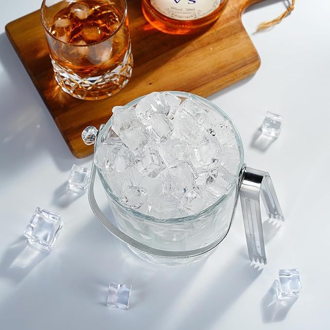 30.4oz Glass Ice Bucket with Handle Ice Tong 5 * 4.1inch Crystal Clear Cocktail Wine Champagne Cooler for Christmas Bar Parties Cocktail Accessories