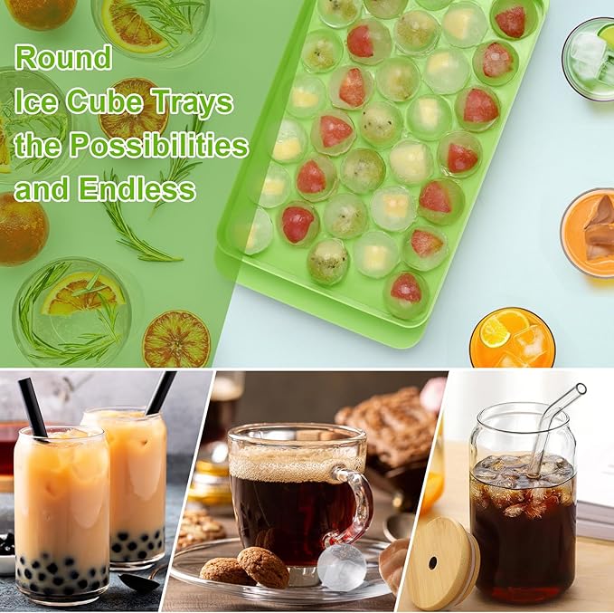 Round Ice Cube Trays for Freezer,1"x33 PCS Round Ice Cube Mold,Small Circle Ice Cube Tray with Lid,Ice Ball Maker Mold Making Sphere Ice Mold for Chilling Drinks,Coffee