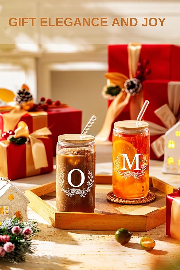 Personalized Gifts for Women, Monogrammed 16oz Glass Cups with Bamboo Lids and Straws, Customized Glass Tumbler, Cute Custom Mug, Customizable Initial Iced Coffee Glasses, Birthday Bridesmaid Mom, O