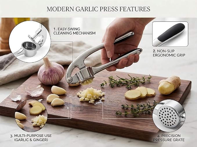 Heavy Duty Zinc Alloy Garlic Press & Mincer - Professional Rust-Proof Crusher for Garlic, Ginger and Nuts - Ergonomic Easy Squeeze Kitchen Gadget