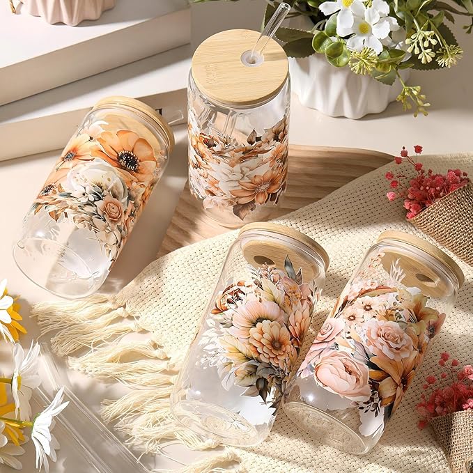 Mumufy 4 Pack Gift for Women Cute Glass Cup Tumbler Flower Iced Coffee Mugs 16 oz Glass with Bamboo Lid & Straw, Mothers Day Birthday Gift for Mom Sister Bridesmaid Baby Shower(Brown Flower)