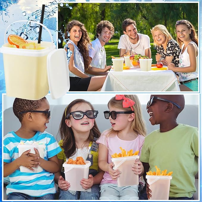 SiliFine 24 Pcs 33.8 oz Rum Buckets with Lids and Straws for Drinks, 24 Cocktails Plastic Square Reusable Ice Cream Buckets 20 Black Straws for Summer Birthday Party Snacks Drinks