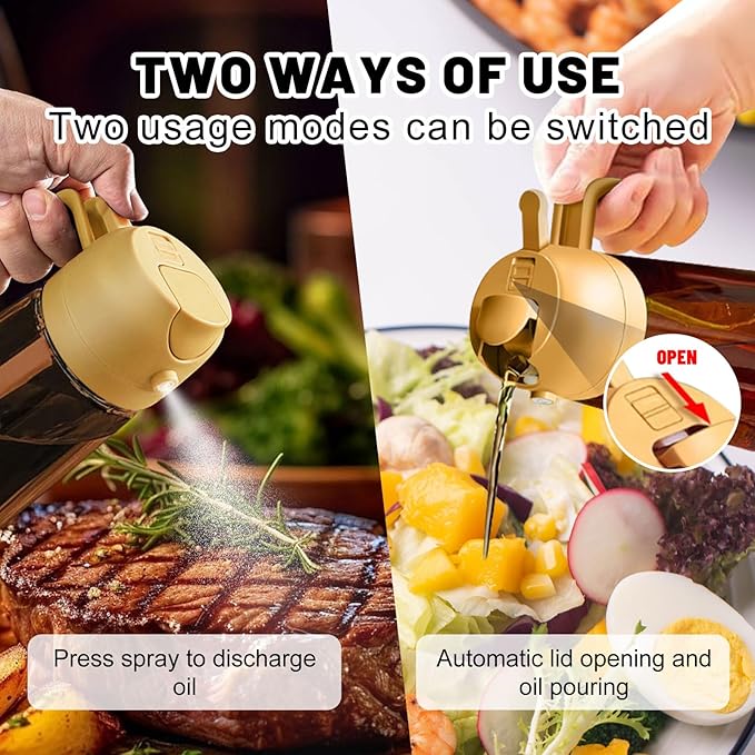 2 In 1 Oil Dispenser And Oil Sprayer, 16 Oz/470 Ml Oil Dispenser For Kitchen Spray, With Fine Mist Nozzle, Suitable For Cooking, Air Fryer, Salad, Grilling (yellow-2)