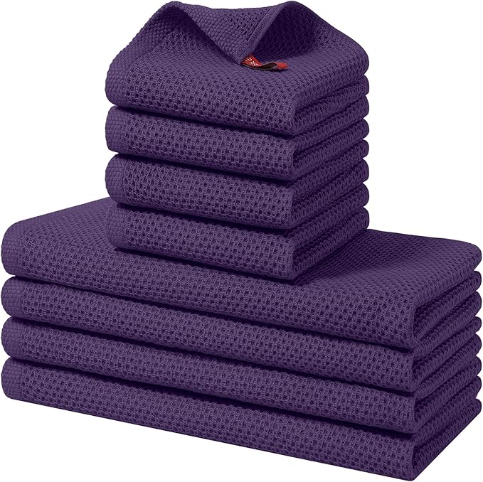 Homaxy 100% Cotton Kitchen Towels and Dishcloths Set, 12 x 12 Inches and 13 x 28 Inches, Set of 8 Bulk Kitchen Towels Set, Ultra Soft Absorbent Dish Cloths for Washing Dishes, Eggplant