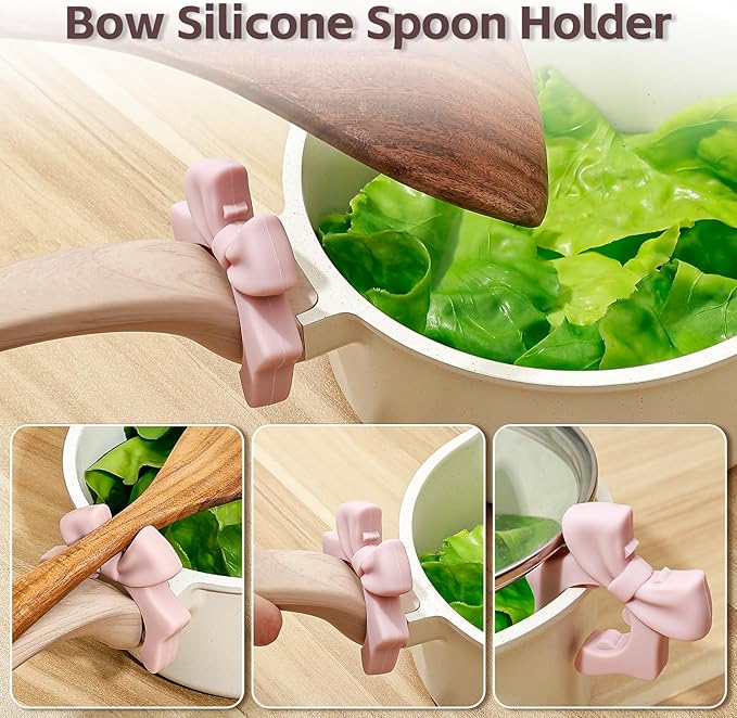Koythin 3-Piece Bow Silicone Spoon Rest and Spatula Holder, Cute Spoon Rest for Kitchen Counter, Bow Shaped Cooking Holder and Steam Release, Drip-Free Kitchen Gadgets for Pots & Pans (Pink)