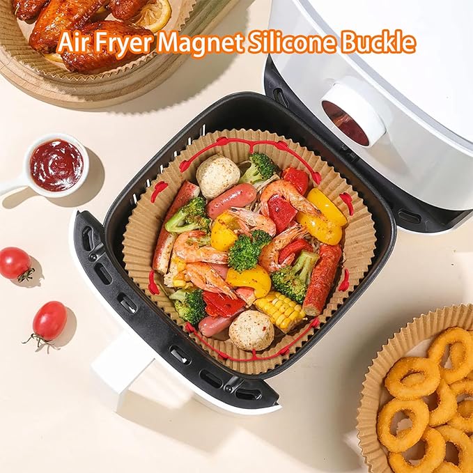 Air Fryer Magnets for Parchment Paper, Upgraded Air Fryer Magnets Silicone Buckle High-Temp Resistant Air Fryer Accessories Locks Disposable Liners Safely (Red)