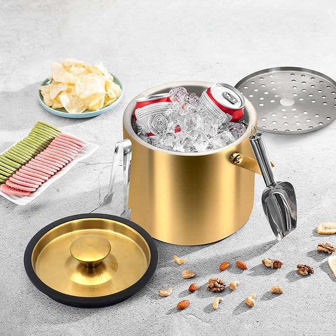 Gold Ice Bucket 3.2L – Double Wall Insulated Stainless Steel Ice Bucket with Lid, Scoop & Tongs – Large Champagne Bucket for Parties, Bar Cart, Outdoor Events, Cocktail & Wine Chilling