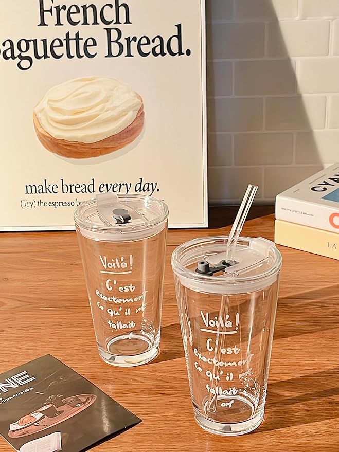 Olvini 15oz Glass Tumbler with Straw and Lid, Cute Iced Coffee Cups, Aesthetic Glass Cups, Coffee Tumbler, Water Cup, Matcha Cup, Drinking Glasses (The Perfect Match)