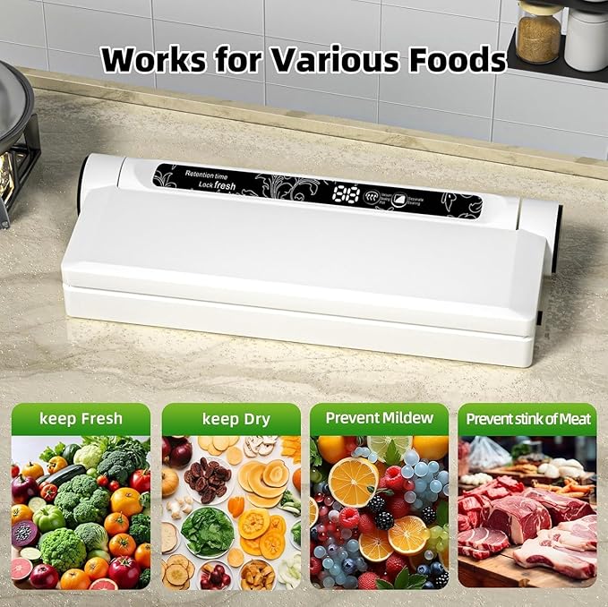 Compact Food Vacuum Sealer Machine - 75KPA Suction Power, LED Digital Timer Display, Dry and Moist Food Modes, Space-Saving Kitchen Gadget for Storage and Sous Vide Prep, Includes 20 Bags (White)