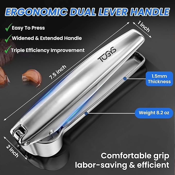 Heavy Duty Stainless Steel Garlic Press - Professional Grade Garlic Mincer & Crusher with Ergonomic Soft Grip Handle, Dishwasher Safe, Rust-Proof - Easy to Clean Kitchen Gadget for Cooking