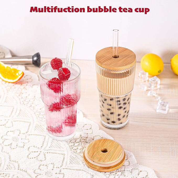 Dingerjar 20 oz Ribbed Glass Tumblers with Bamboo Lids and Straws, 2 Pcs Wide Mouth Thickened Vintage Glass Cup for Boba, Iced Coffee, Juice