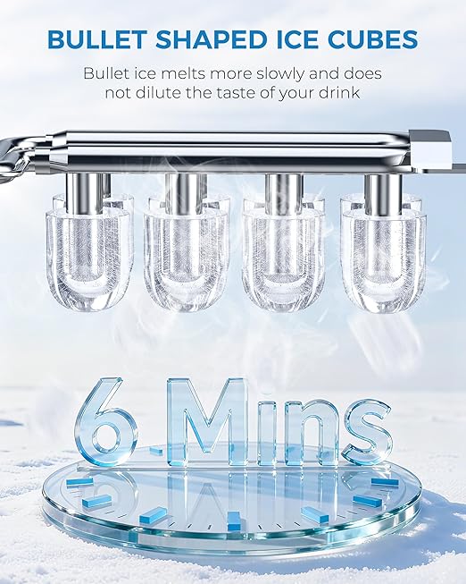 Electactic Ice Maker Countertop 26.5Lbs/24H 8 Bullet ICES in 6 Mins – Self Cleaning Portable Ice Maker for Home Use, Office & Party, with Ice Basket and Scoop