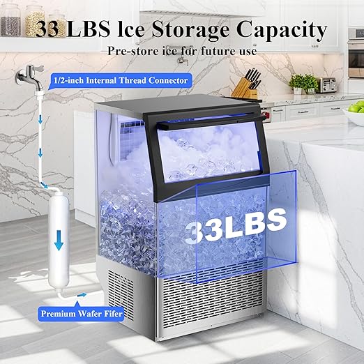 Mountman Commercial Ice Maker,110 lbs/24H,Stainless Steel Ice Machine with 33 lbs Storage Capacity,50 Cubes in 14 Mins,Water Filter,Under Counter/Freestanding Ice Makers for Home,Restaurant,Bar,Cafe