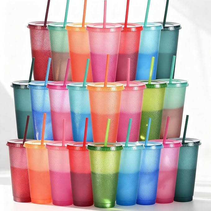 Color Changing Cups, 24 Pack 24oz Plastic Tumblers, Reusable Iced Coffee & Smoothie Cups with Lids and Straws for Parties and Travel (Glitter Powder,24)