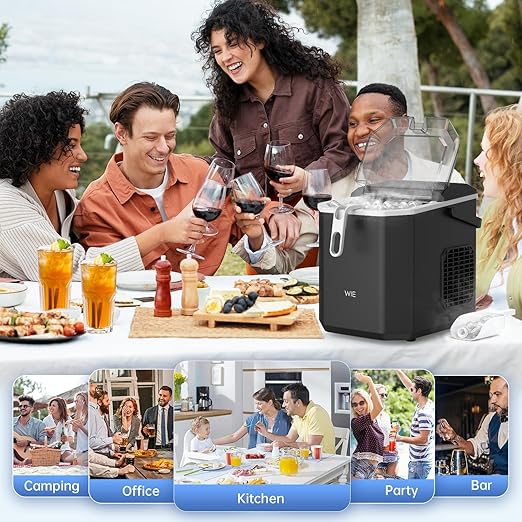 WIE Countertop Ice Maker, 26lbs/24H Portable Ice Machine with Handle,9 Bullet Ice Cubes in 6 Mins,Self-Cleaning Compact Icemaker with Selectable Ice Size for Home Kitchen/RV/Camping/Party, Black