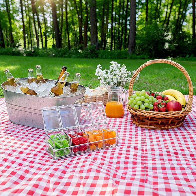 2 Pcs 4 Gallon Galvanized Metal Ice Buckets Large Metal Drink Bucket 2 Pcs Condiment Caddy Clear 4 Compartment with Lid and Spoon for Summer Birthday Party Dinner Wedding Mimosa Bar(Silver)