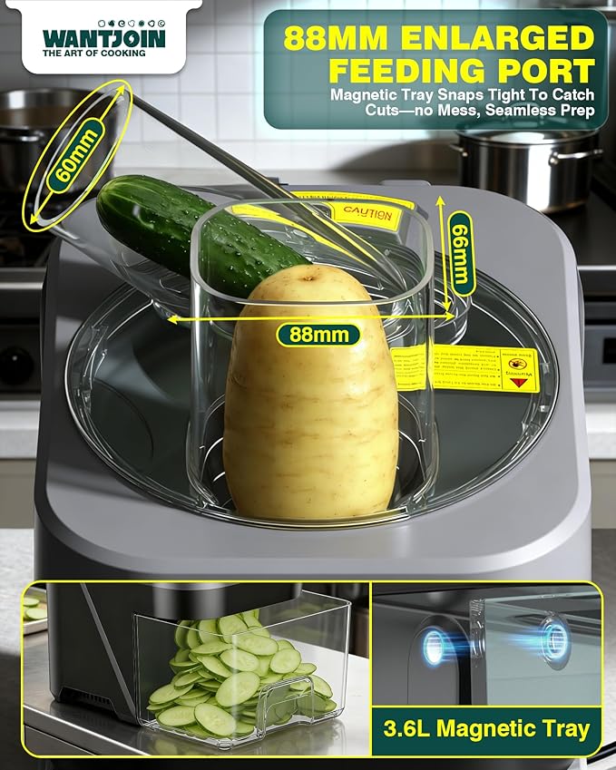 WantJoin 6 in 1 Electric Vegetable Chopper - Multifunctional Commercial Food Processor w/Magnetized Tray, Stainless Steel Blades for Slicing,Dicing,Chopping,Shredding,Wave Cutting,Diagonal Cutting