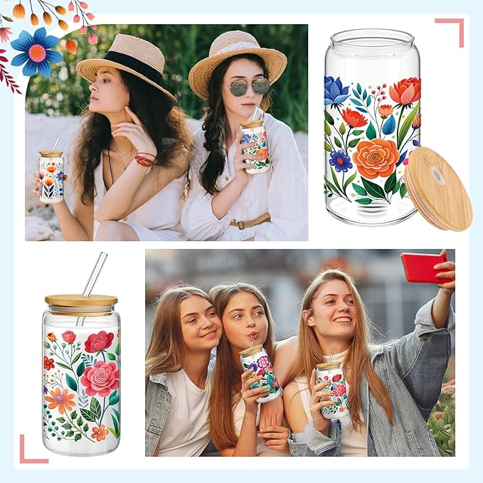 Mumufy 4 Pack Gift for Women Cute Glass Cup Tumbler Flower Iced Coffee Mugs 16 oz Glass with Bamboo Lid & Straw, Mothers Day Birthday Gift for Mom Sister Bridesmaid Baby Shower(Abstract Flower)