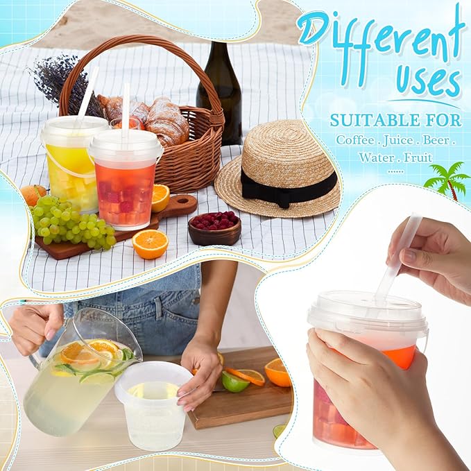 Funnymoom 30 Set 34oz Disposable Plastic Drink Buckets with Lids and Straws Frosted Iced Coffee Cups Rum Buckets for Cocktail Parties Smoothie Cup Bulk with Handles for Beach Pool Party Supplies