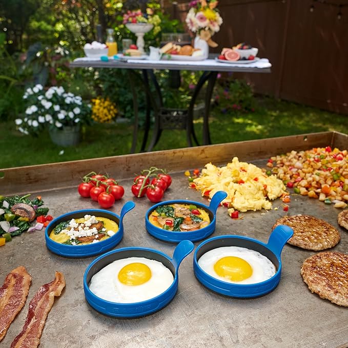 RAZOR 4 Piece Breakfast Kit for Griddle- Pancake Batter Dispenser, 2 Silicone Egg Rings, and Cast Iron Griddle Press